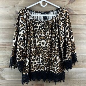 Ali Miles Womens Shirt Leopard Print Crochet Lace Hem 3/4 Sleeve Edgy Size Large